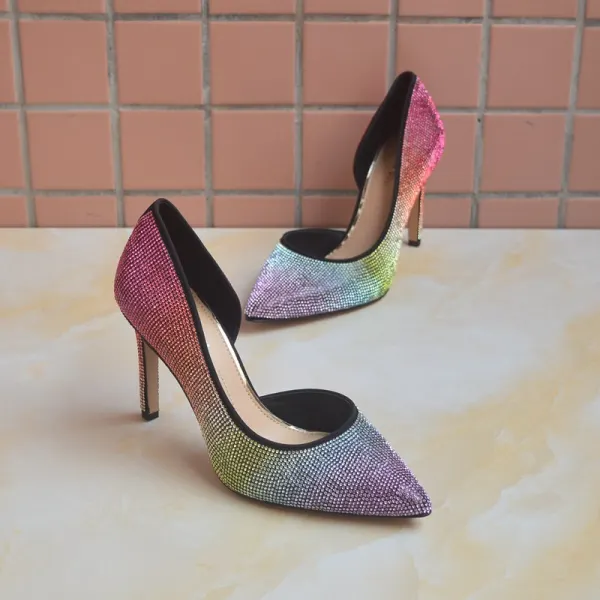 Charmant Multi-Couleurs Soirée Arc en ciel Escarpins 2020 Cuir Faux Diamant 9 cm Talons Aiguilles À Bout Pointu Escarpins