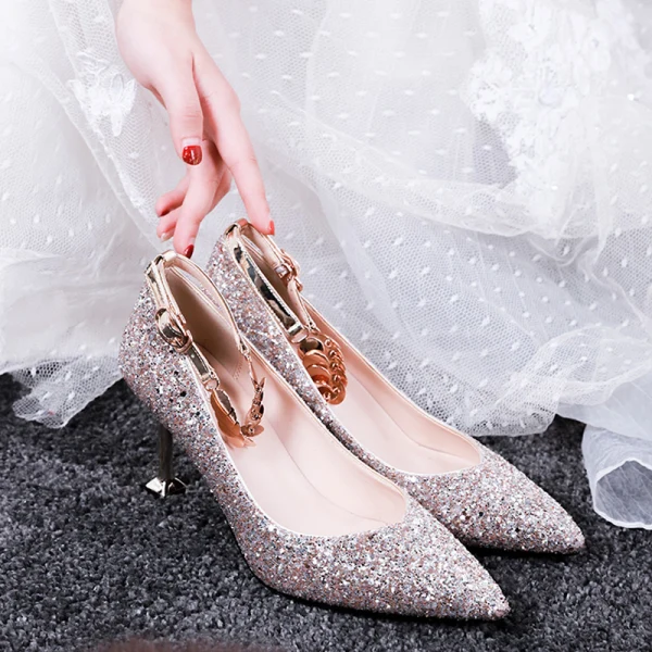 Scintillantes Or Rose Paillettes Chaussure De Mariée 2020 8 cm Talons Aiguilles À Bout Pointu Mariage Escarpins