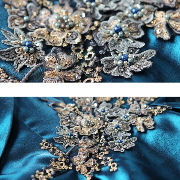 Vintage / Originale Bleu D'encre Robe De Soirée 2020 Princesse De l'épaule Perlage Perle En Dentelle Fleur Manches Courtes Dos Nu Longue Robe De Ceremonie