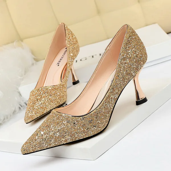 Sparkly Gold Glitter Evening Party Pumps 2020 Sequins 7 cm Stiletto Heels Pointed Toe Pumps