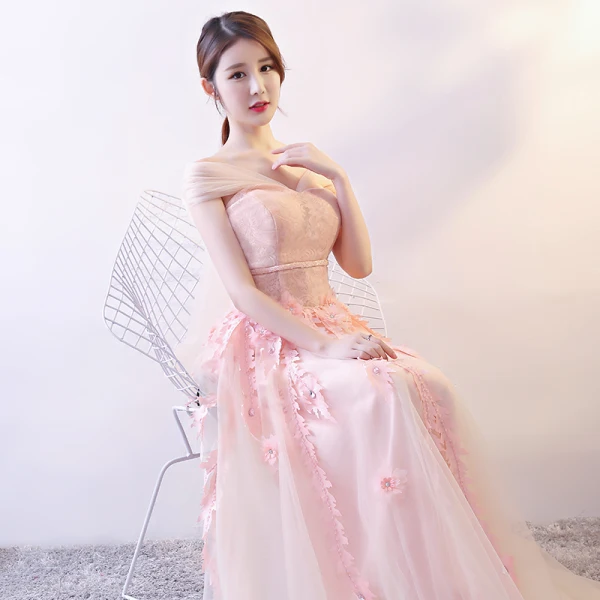Élégant Perle Rose Robe De Soirée 2018 Princesse Appliques Perlage Paillettes V-Cou Noeud Dos Nu Sans Manches Longue Robe De Ceremonie