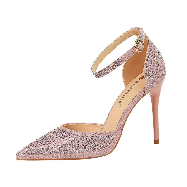 Charmant Rougissant Rose Soirée Faux Diamant Chaussures Femmes 2020 Perlage Bride Cheville 10 cm Talons Aiguilles À Bout Pointu Talons