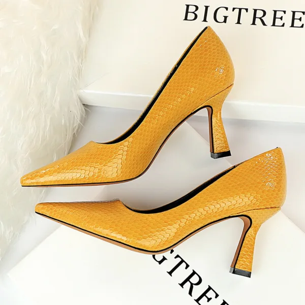 Modest / Simple Red Street Wear Pumps 2020 Snakeskin Print 7 cm Stiletto Heels Pointed Toe Pumps