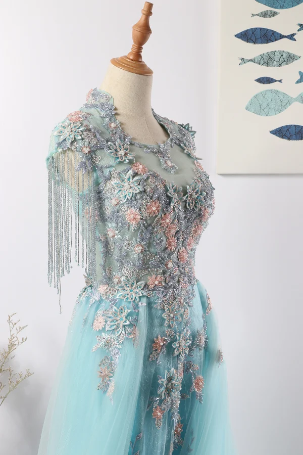 Charming Mint Green Evening Dresses 2020 A-Line / Princess U-Neck Handmade Beading Tassel Crystal Rhinestone Lace Flower Sleeveless Floor-Length / Long Formal Dresses