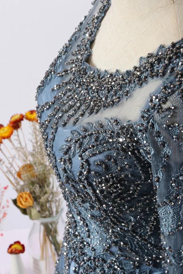 Vintage / Retro Luxury / Gorgeous Navy Blue Handmade  Beading Evening Dresses  2020 A-Line / Princess Scoop Neck Crystal Rhinestone Lace Flower Long Sleeve Backless Sweep Train Formal Dresses