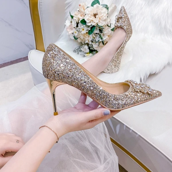 Scintillantes Champagne Soirée Perle Faux Diamant Escarpins 2021 Cuir Paillettes 8 cm Talons Aiguilles À Bout Pointu Escarpins Talons Hauts