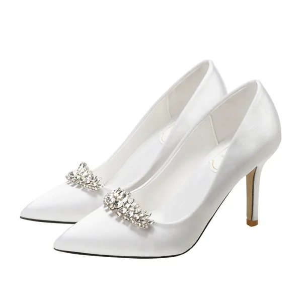 Mode Ivoire Faux Diamant Chaussure De Mariée 2020 Satin 9 cm Talons Aiguilles À Bout Pointu Mariage Escarpins