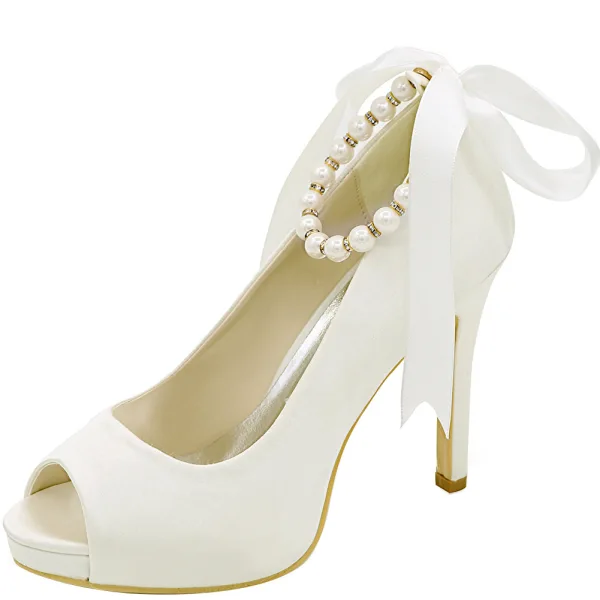 Edles Champagner Abend Satin Pumps 2020 Schleife Perle Knöchelriemen 11 cm Stilettos Peeptoes Pumps