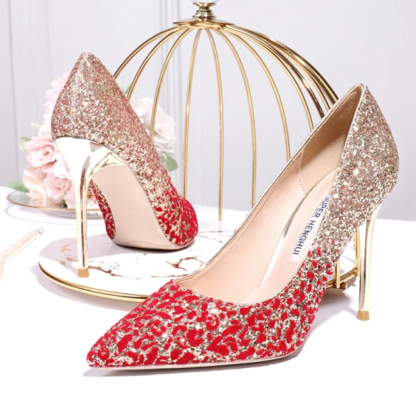 Glitzernden Charmant Gold Rot Farbverlauf Brautschuhe 2020 Glanz Pailletten 10 cm Stilettos Spitzschuh Hochzeit Pumps