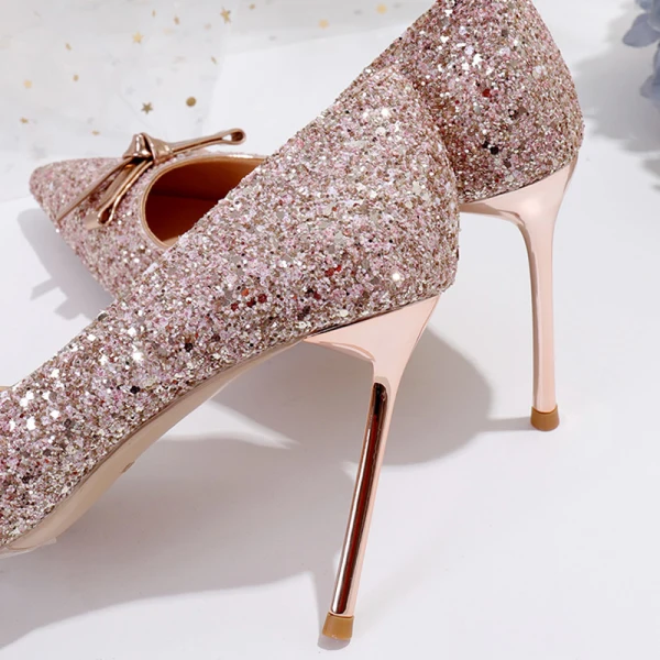 Błyszczące Szampan Buty Ślubne 2020 Kokarda Cekiny 10 cm Szpilki Szpiczaste Ślub Czółenka