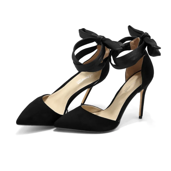 Stijlvolle Zwarte Avond Leer Sandalen Dames 2020 Suede Enkelband Strik 10 cm Naaldhakken / Stiletto Spitse Neus Sandalen