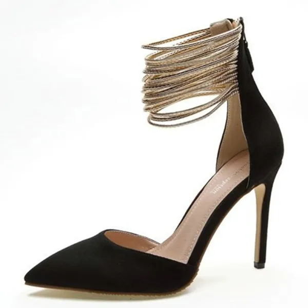 Mode Abend Leder Schwarz Damenschuhe 2020 Wildleder Gold Knöchelriemen 10 cm Stilettos Spitzschuh Pumps