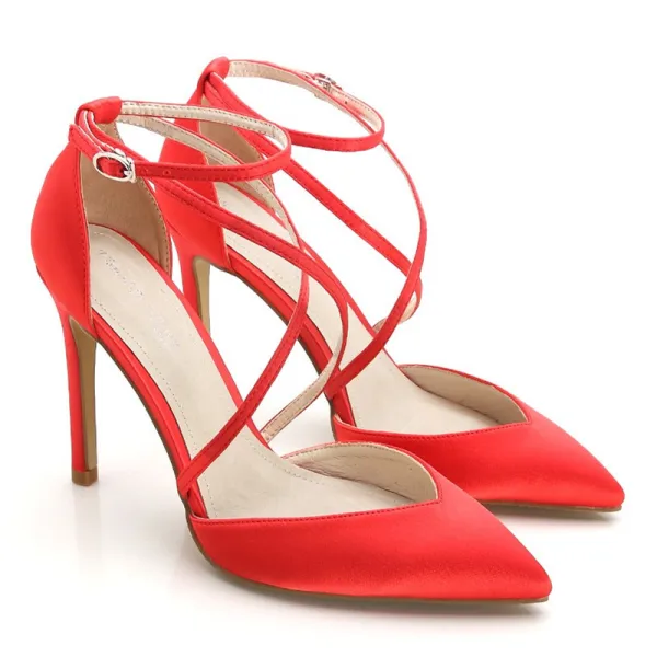 Modest / Simple Black Casual Leather Womens Shoes 2020 Satin Ankle Strap X-Strap 10 cm Stiletto Heels Pointed Toe Heels
