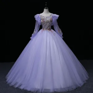 Elegant Lavender Beading Lace Flower Sequins Prom Dresses 2022 Ball Gown Scoop Neck Long Sleeve Prom Floor Length Long Formal Dresses