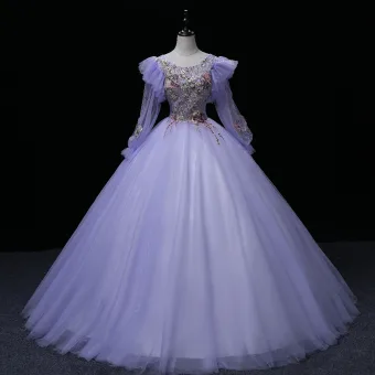 Élégant Lavande Perlage En Dentelle Fleur Paillettes Robe De Bal 2022 Robe Boule Encolure Dégagée Manches Longues Promo Longue Robe De Ceremonie