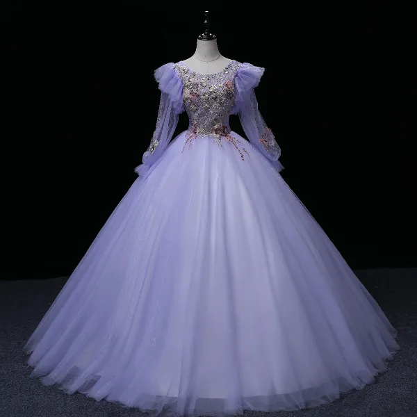 Elegant Lavender Beading Lace Flower Sequins Prom Dresses 2022 Ball Gown Scoop Neck Long Sleeve Prom Floor-Length / Long Formal Dresses