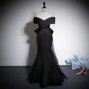 Mode Noire Robe De Bal 2023 Trompette Sirène De L Épaule Sans Manches Dos Nu Noeud Longue Promo Robe De Ceremonie