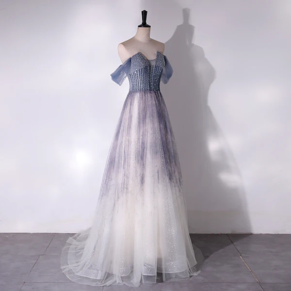 Chic / Beautiful Grey Sky Blue Beading Sequins Prom Dresses 2024 A-Line / Princess Off-The-Shoulder Sleeveless Backless Floor-Length / Long Prom Formal Dresses