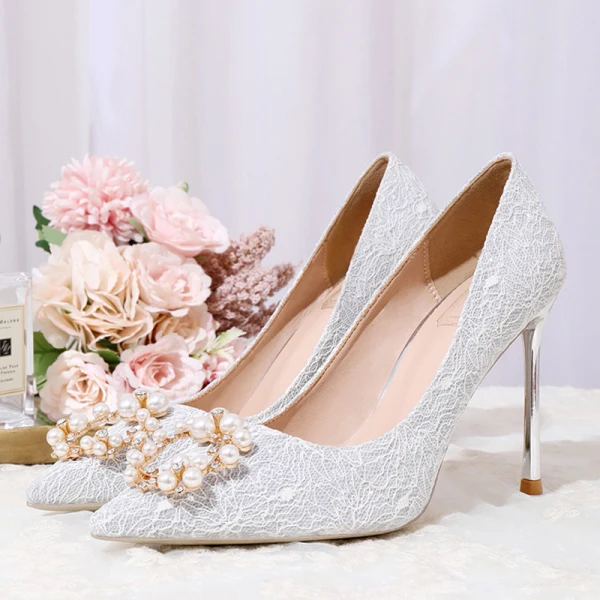 Charming Silver Lace Wedding Shoes 2020 Pearl Rhinestone 10 cm Stiletto Heels Pointed Toe Wedding Pumps