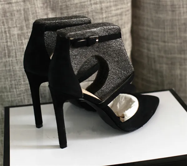 Modest / Simple Black Street Wear Womens Sandals 2020 Ankle Strap 9 cm Stiletto Heels Pointed Toe Sandals