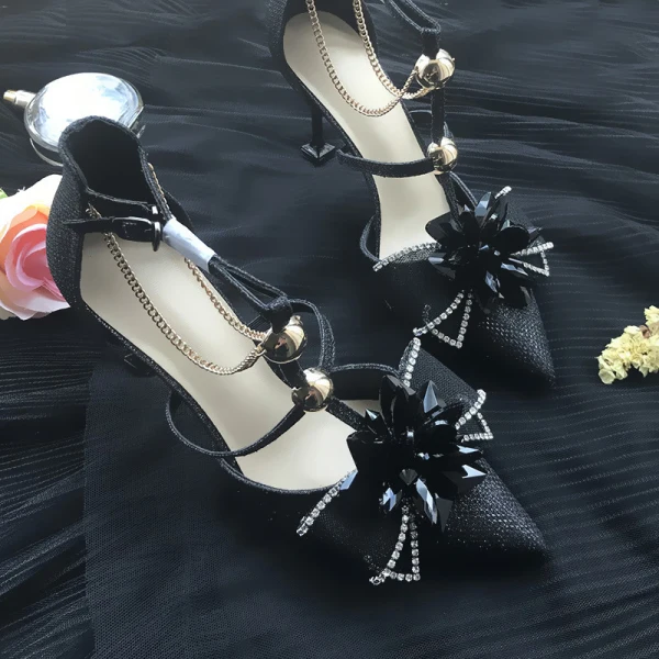 Charmant Champagne Cristal Chaussure De Mariée 2020 Faux Diamant T-Strap 8 cm Talons Aiguilles À Bout Pointu Mariage Escarpins