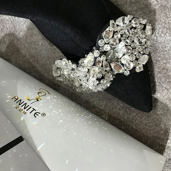 Edles Schwarz Freizeit Stiefel Damen 2020 Strass Schleife 6 cm Stilettos Spitzschuh Stiefel