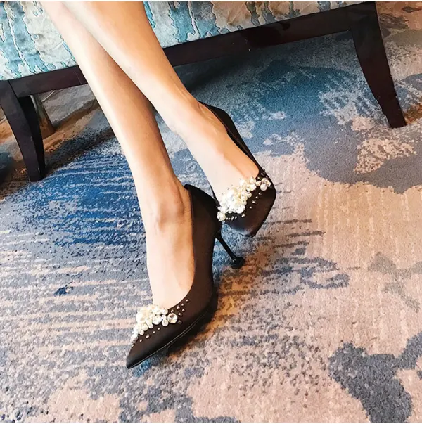 Classy Black Evening Party Satin Pumps 2020 Handmade Pearl Rhinestone 8 cm Stiletto Heels Pointed Toe Pumps