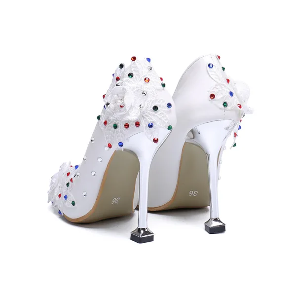 Elegante Ivoor Multi-Kleuren Rhinestone Bruidsschoenen 2020 Appliques Kant Bloem 9 cm Naaldhakken / Stiletto Spitse Neus Huwelijk Pumps