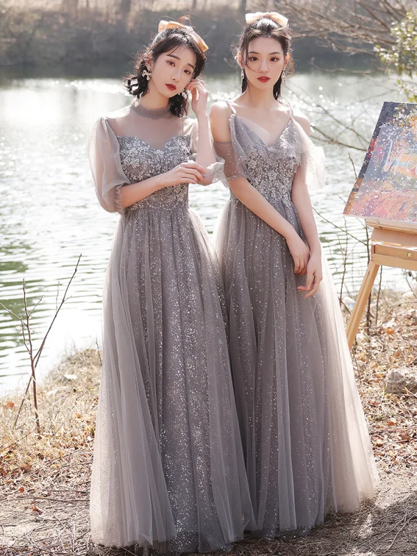 Fashion Grey Bridesmaid Dresses 2021 A-Line / Princess Scoop Neck Beading Rhinestone Sequins Lace Flower Short Sleeve Backless Floor-Length / Long Bridesmaid Wedding Party Dresses