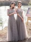 Fashion Grey Bridesmaid Dresses 2021 A-Line / Princess Scoop Neck Beading Rhinestone Sequins Lace Flower Short Sleeve Backless Floor-Length / Long Bridesmaid Wedding Party Dresses
