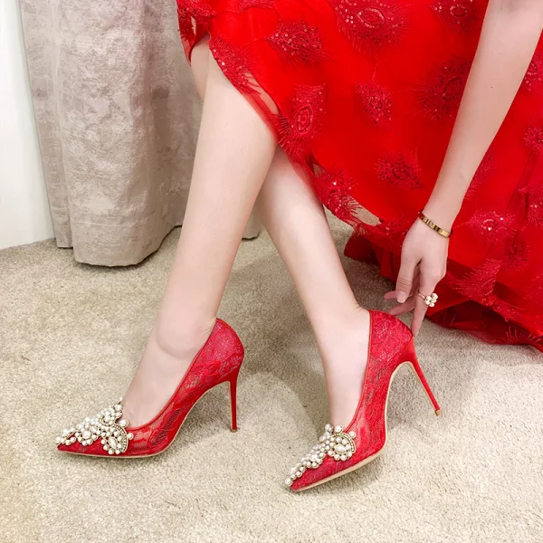 Charming Ivory Lace Wedding Shoes 2020 Leather Pearl Rhinestone 10 cm Stiletto Heels Pointed Toe Wedding Pumps