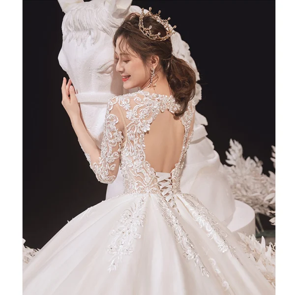 Luxury / Gorgeous Ivory Wedding Dresses 2020 Ball Gown Scoop Neck Beading Lace Flower Long Sleeve Backless Cathedral Train