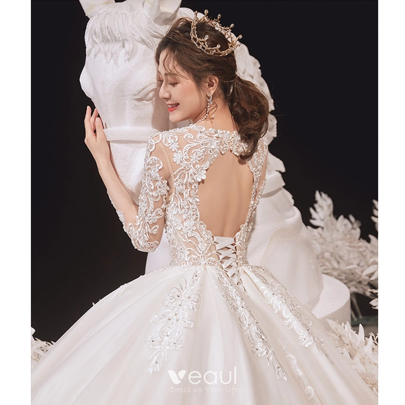 Luxury / Gorgeous Ivory Wedding Dresses 2020 Ball Gown Scoop Neck Beading Lace Flower Long Sleeve Backless Cathedral Train Luxury / Gorgeous Ivory Wedding Dresses 2020 Ball Gown Scoop Neck Beading Lace Flower Long Sleeve Backless Cathedral Train