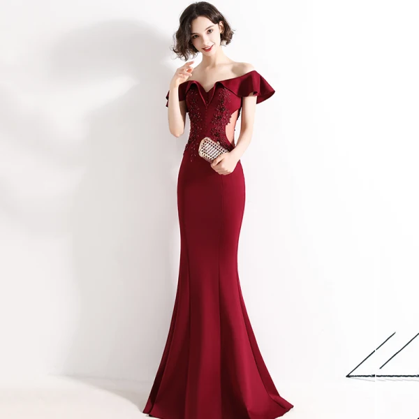 Chic / Beautiful Burgundy Evening Dresses 2020 Trumpet / Mermaid Off-The-Shoulder Beading Lace Flower Short Sleeve Backless Floor-Length / Long Formal Dresses