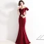 Chic / Beautiful Burgundy Evening Dresses  2020 Trumpet / Mermaid Off-The-Shoulder Beading Lace Flower Short Sleeve Backless Floor-Length / Long Formal Dresses