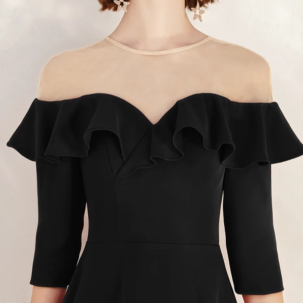 Chic / Belle Noire Robe De Soirée 2020 Princesse Daim Encolure Dégagée 1/2 Manches Mi-Longues Robe De Ceremonie