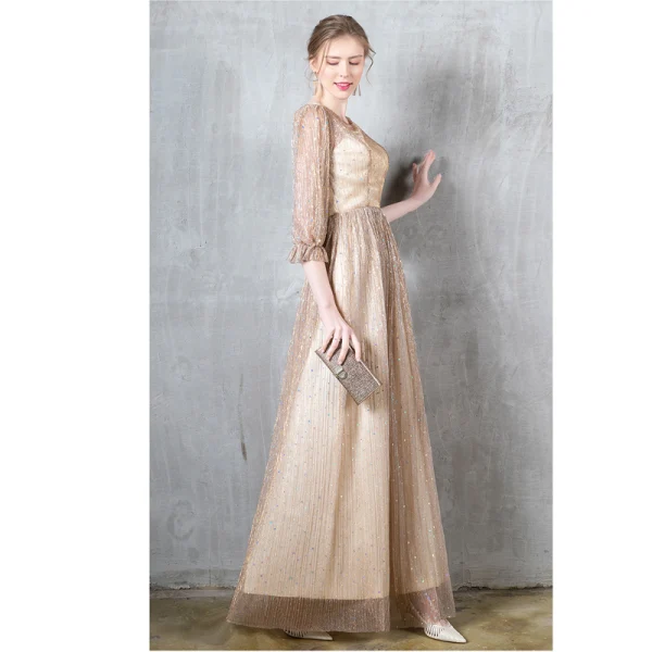 Charming Burgundy Evening Dresses 2020 A-Line / Princess Scoop Neck Star Sequins Ruffle 3/4 Sleeve Floor-Length / Long Formal Dresses