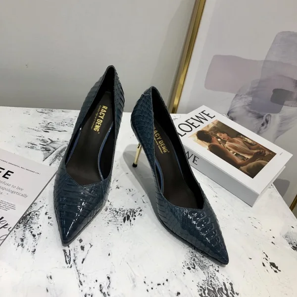 Schöne Marineblau Strassenmode Leder Pumps 2020 Schlangenhautmuster 7 cm Stilettos Spitzschuh Pumps