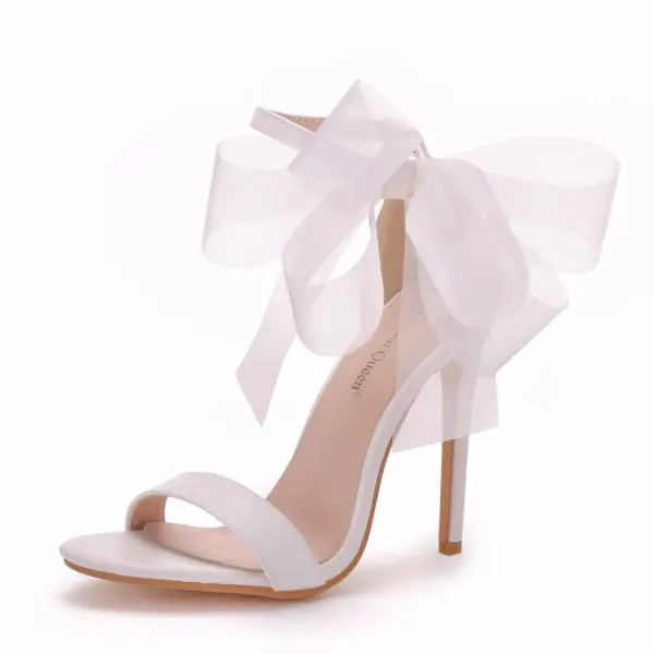 Abordable Blanche Chaussure De Mariée 2020 Noeud Bride Cheville 11 cm Talons Aiguilles Peep Toes / Bout Ouvert Mariage Talons