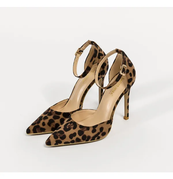 Fashion Brown Street Wear Leopard Print Womens Sandals 2020 Ankle Strap 10 cm Stiletto Heels Pointed Toe Sandals