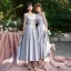 Elegant Silver Grey Satin Bridesmaid Dresses 2021 A-Line / Princess Scoop Neck Lace Flower 1/2 Sleeves Backless Ankle Length Wedding Party Dresses