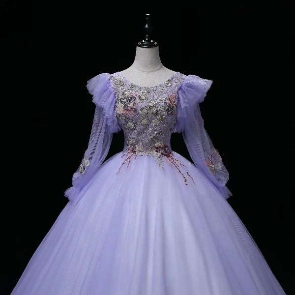 Elegant Lavender Beading Lace Flower Sequins Prom Dresses 2022 Ball Gown Scoop Neck Long Sleeve Prom Floor-Length / Long Formal Dresses