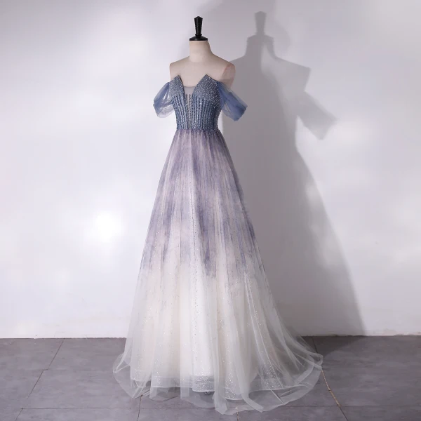 Chic / Beautiful Grey Sky Blue Beading Sequins Prom Dresses 2024 A-Line / Princess Off-The-Shoulder Sleeveless Backless Floor-Length / Long Prom Formal Dresses