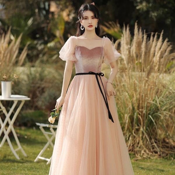 Elegant Pearl Pink Suede Bridesmaid Dresses 2021 A-Line / Princess V-Neck Short Sleeve Backless Floor-Length / Long Wedding Party Dresses