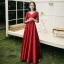 Modest / Simple Red Satin Bridesmaid Dresses 2021 A-Line / Princess Scoop Neck Bow Lace Flower 1/2 Sleeves Backless Floor-Length / Long Wedding Party Dresses