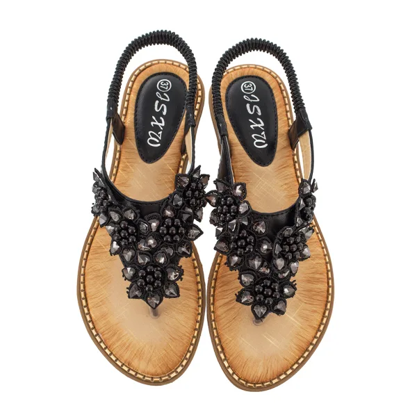 Bohême Chic / Belle Beige Désinvolte Cristal Pantoufle & Tongs 2020 En Dentelle Fleur Perle Plat Chaussures Femmes