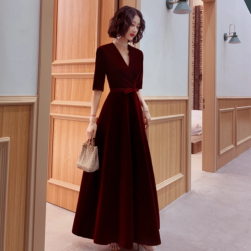 Elegant Burgundy Suede Evening Dresses 2021 A-Line Princess V-Neck Bow 1/2 Sleeves Long