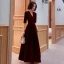 Elegant Burgundy Suede Evening Dresses  2021 A-Line / Princess V-Neck Bow 1/2 Sleeves Floor-Length / Long Evening Party Formal Dresses