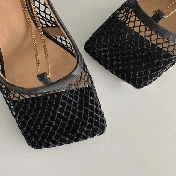 Sexy Black Casual Tulle Womens Shoes 2020 Pierced 8 cm Stiletto Heels Square Toe Sandals