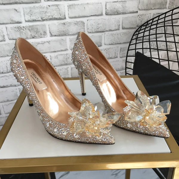 Uroczy Rumieniąc Różowy Wieczorowe Kryształ Czółenka 2020 Skórzany Rhinestone 8 cm Szpilki Szpiczaste Czółenka